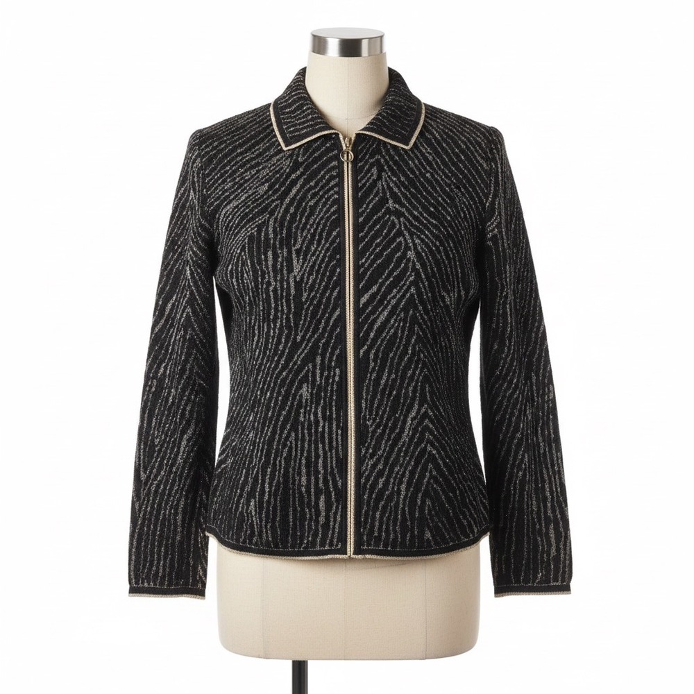 Drapers & Damons Cardigan Large Black Gold Metallic Zip Zig Zag Shimmer Glam